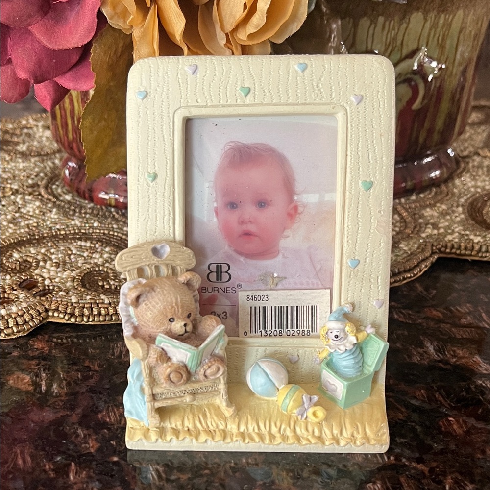 Burnes Baby Photo Frame with Teddy Bear and Yellow and Blue Pastel Accents